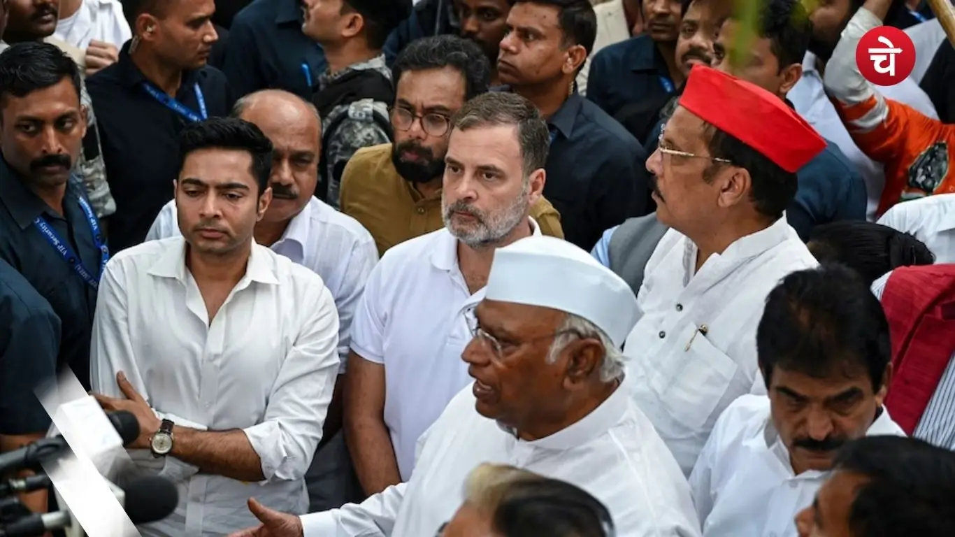 Rahul Gandhi and INDIA bloc MPs during a protest march against Gyanesh Kumar